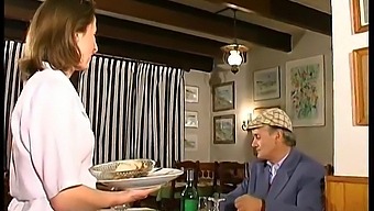 A French Brunette Gets Fucked In A Restaurant By Three Men In Voyeur'S Papy'S Presence